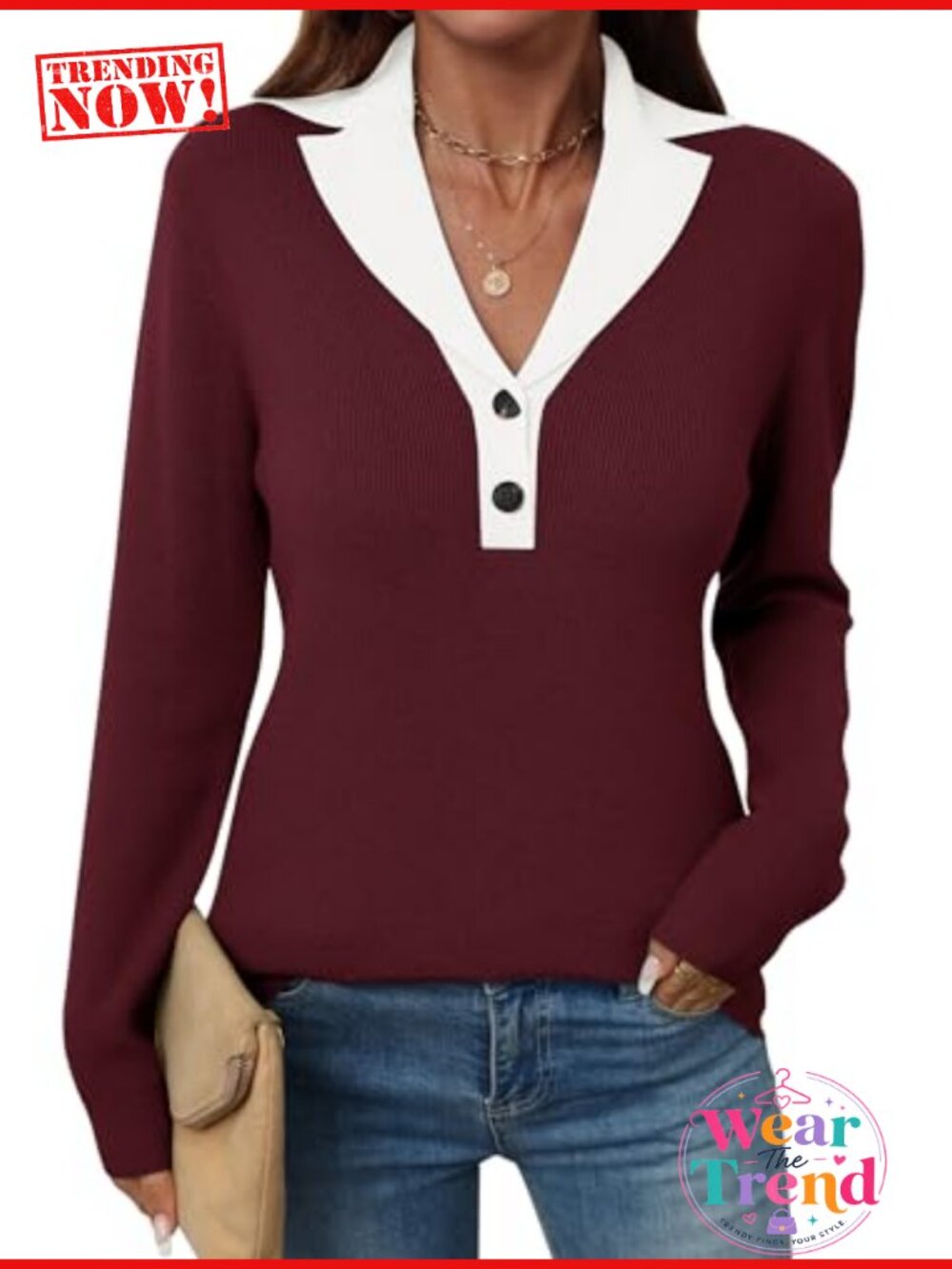 Womens Snap Button Henley Sweater Long Sleeve V-Neck Collared Pullover Knit